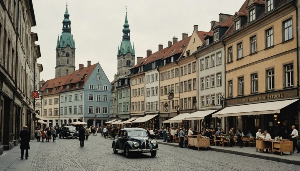 Braunschweig city center in the Weimar Republic, featuring historical buildings and bustling street life.