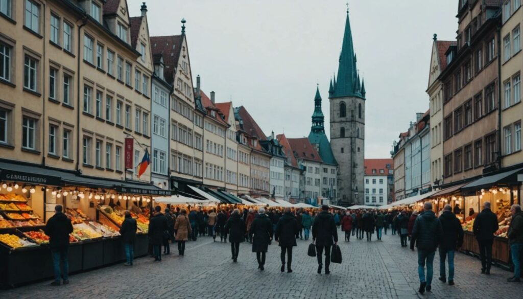 Historical market square in Braunschweig with market stalls, historical buildings, and people enjoying the lively atmosphere.