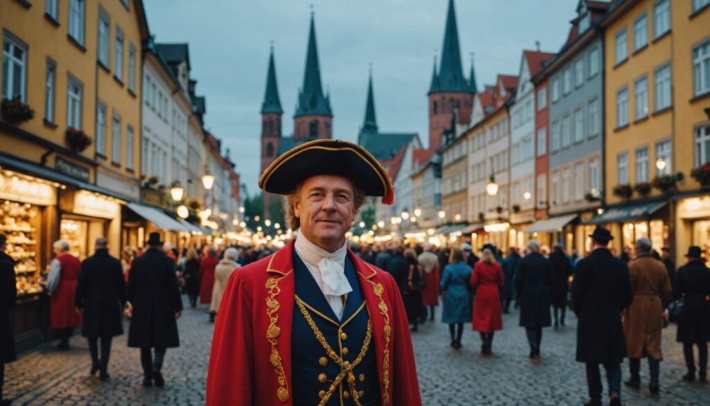 Colorful depiction of Braunschweig's historical festivals with traditional costumes, festive decorations, and famous landmarks.