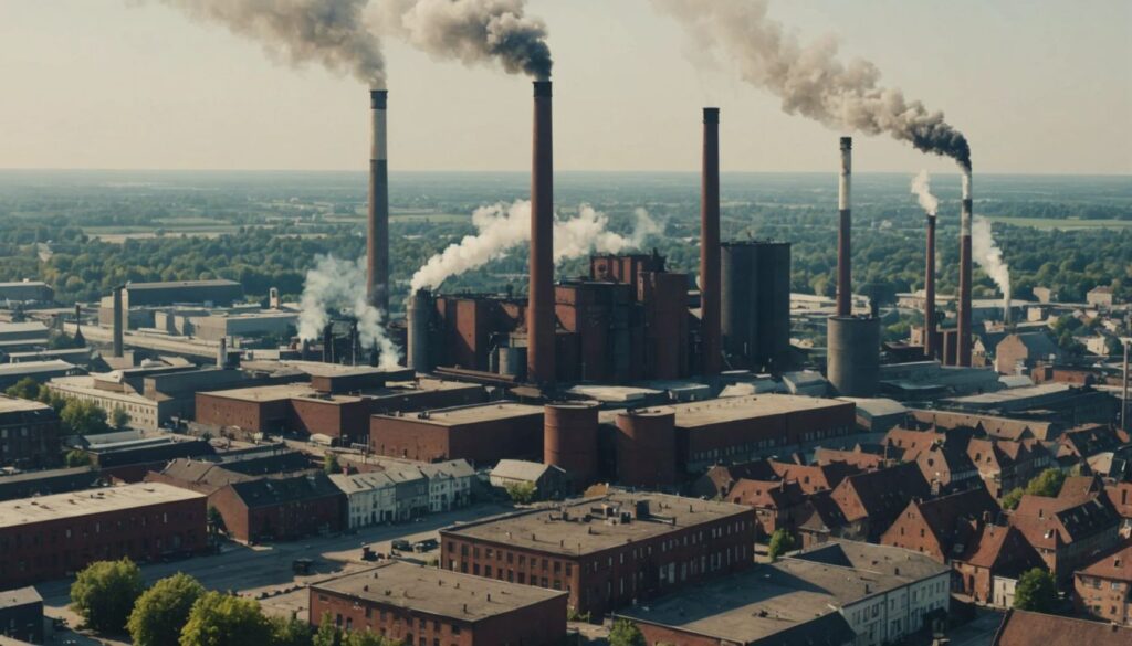 Early 20th-century Braunschweig industrial area with factories and smokestacks, representing the city's industrial history.