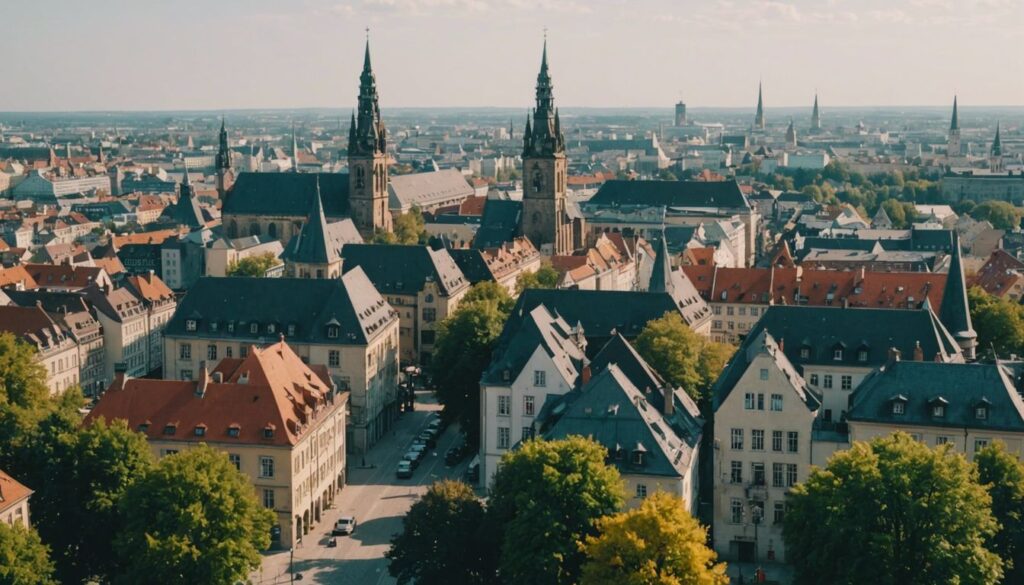 Braunschweig cityscape with historical landmarks and symbols of German reunification, representing a new chapter in history.