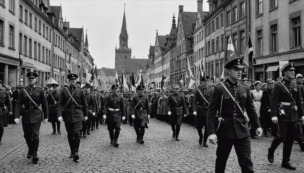 Braunschweig in Nazi era with historical buildings, Nazi flags, and soldiers marching.