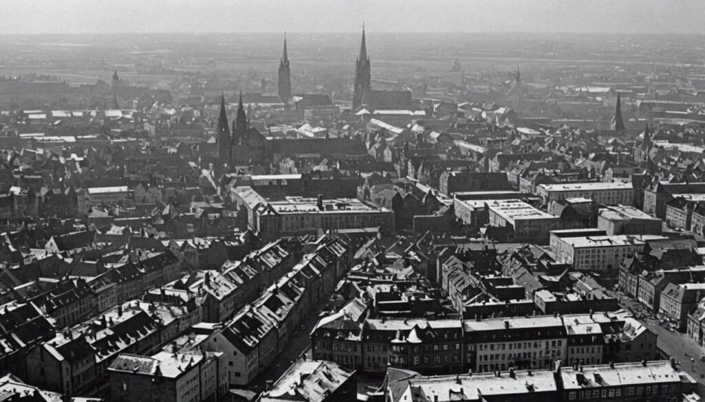 Historical image of Braunschweig during the Cold War, depicting the division and contrasting areas of the city.