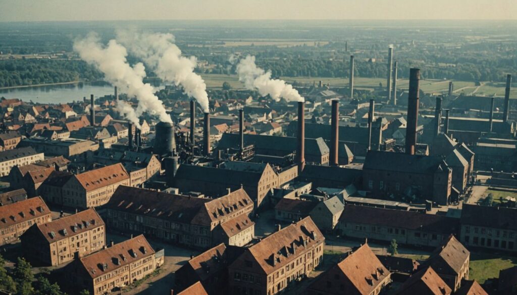 Early industrialization in Braunschweig with factories, steam engines, and workers symbolizing the dawn of a new era.