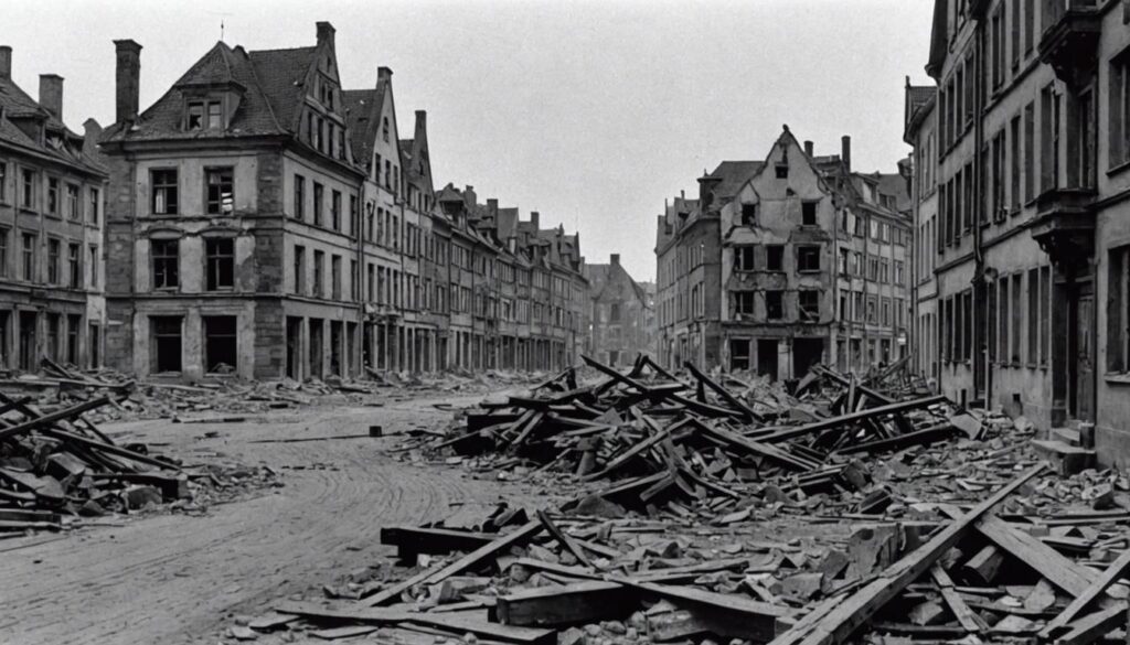 Ruins of buildings and debris in Braunschweig after World War II bombings.