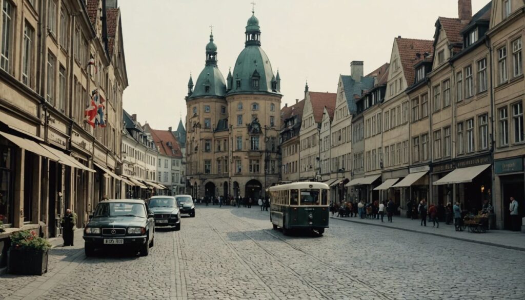 Historical photograph of Braunschweig in the German Empire era, highlighting its architecture and busy streets.